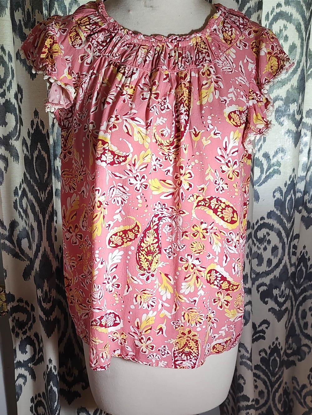 THML Pink Floral Ruffle Top with Yellow Accents